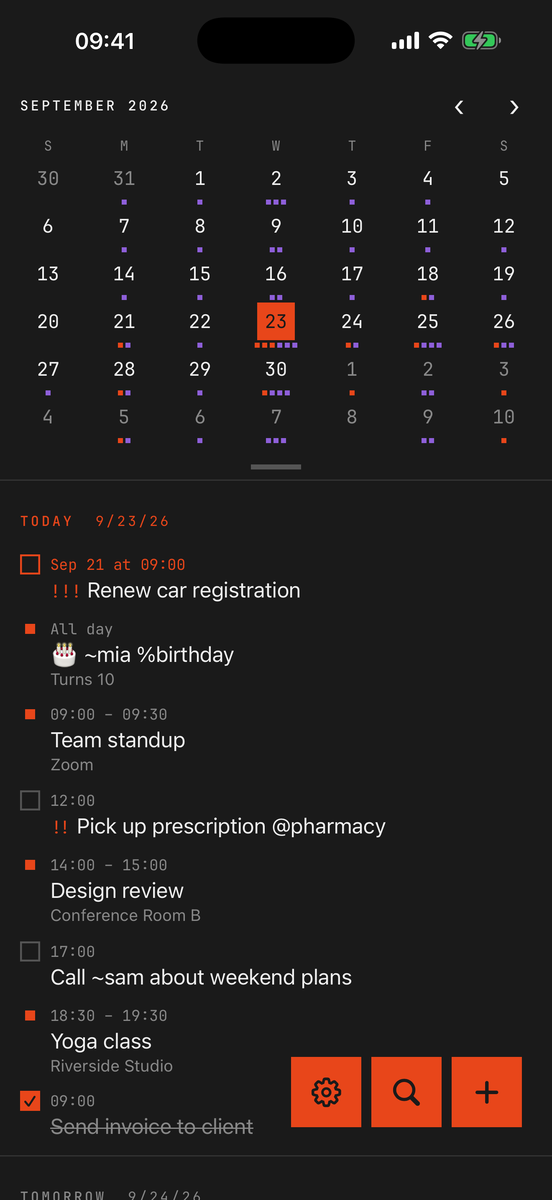 Month calendar with today's reminders and events in one agenda