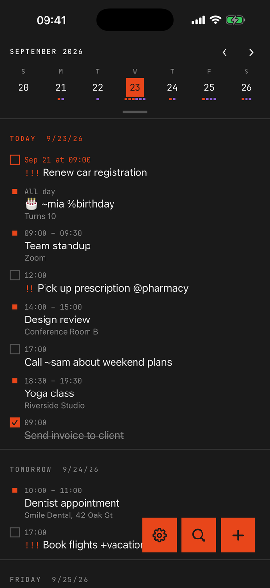 Week view with the agenda for today and tomorrow